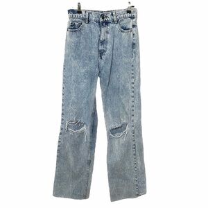 𝅺lioness  STONE LIGHT WASH HIGH RISE WIDE LEG DISTRESSED RAW HEM JEANS - S